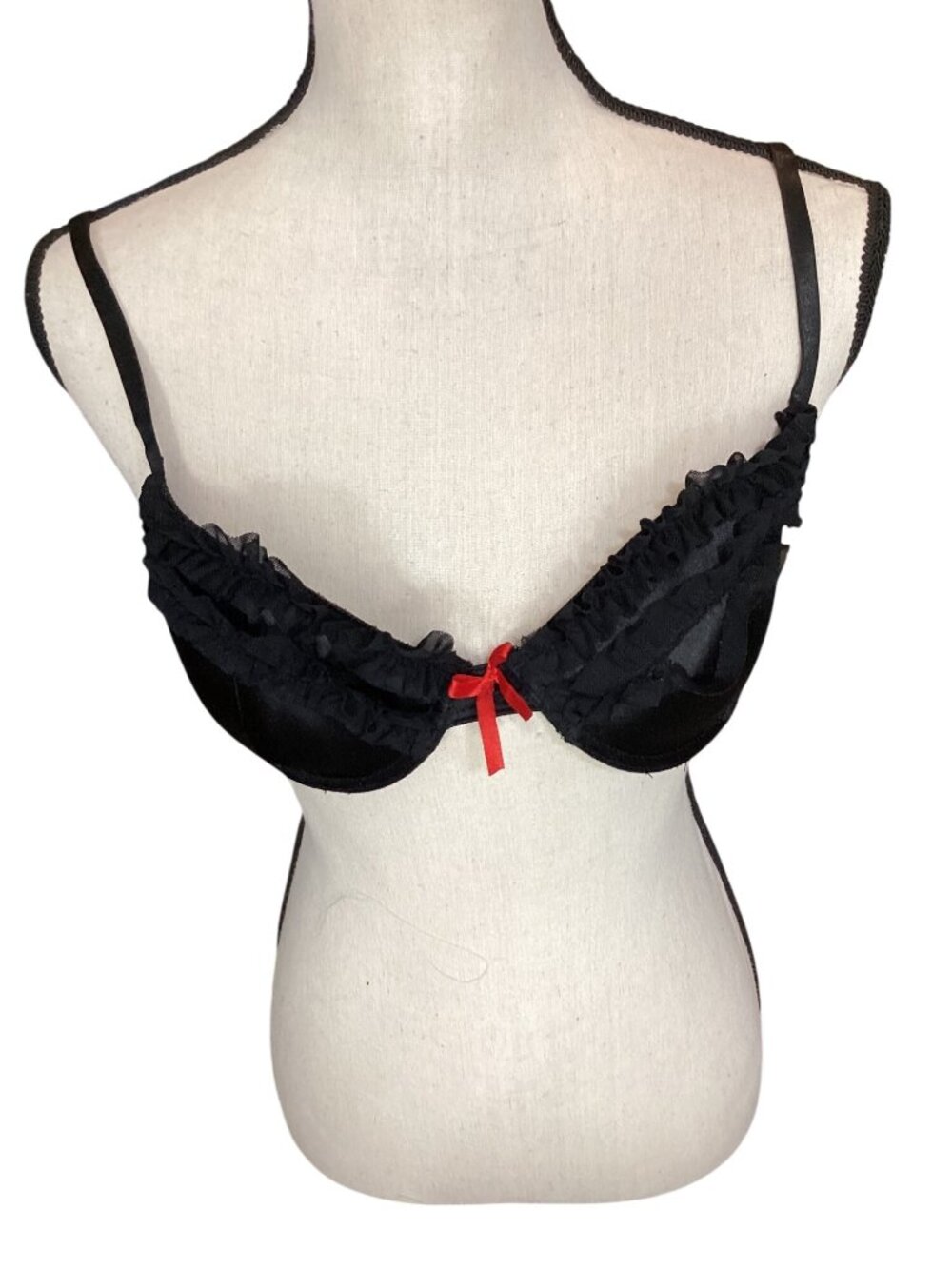 Black Ruffled Underwire Bra With Red Bow Accent*34B*Sissy*Cosplay*Femboy*VGC